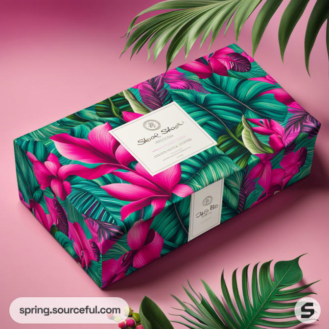 Mailer box with vibrant pink and green tropical leaf design on a pink background.