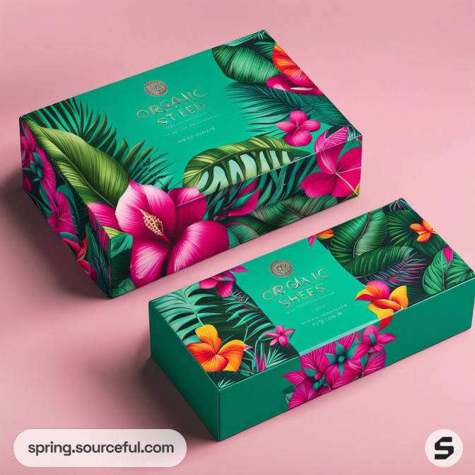 Floral-themed rectangular gift boxes with a pink and green color palette on a soft pink background.