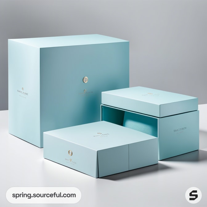 Light blue gift boxes with minimalist design and gold accents, in various sizes, on a gray background.