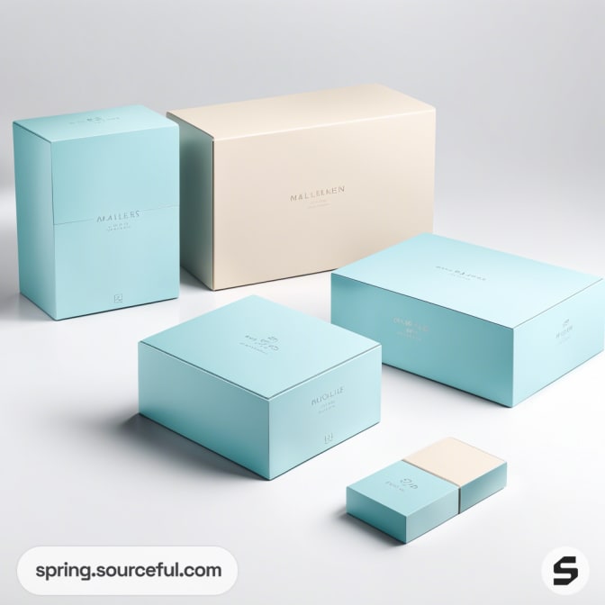 Assorted turquoise and beige rectangular boxes on a white background.