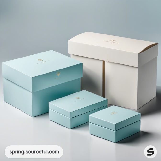 Light blue and cream colored gift boxes, assorted sizes, with minimalist design, set against a pale background.