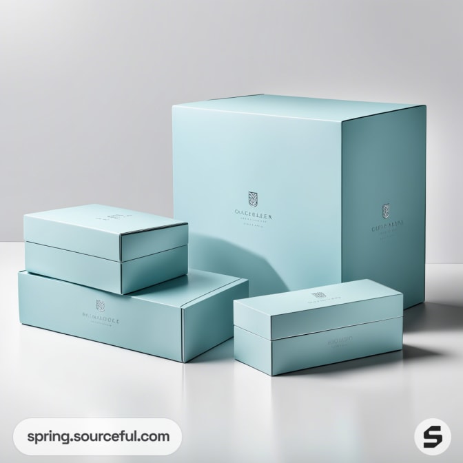 Light blue rectangular packaging boxes with minimalist design against a grey background.