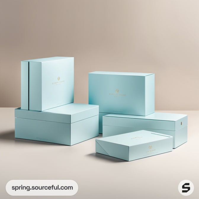 Elegant aqua blue gift boxes in various sizes with subtle gold printing on a beige background.