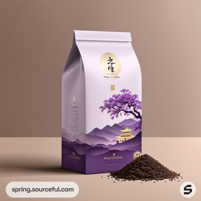Purple and beige coffee packaging with mountain and tree design.