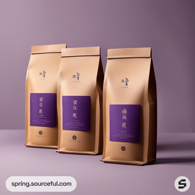 Set of three brown coffee bags with purple labels.