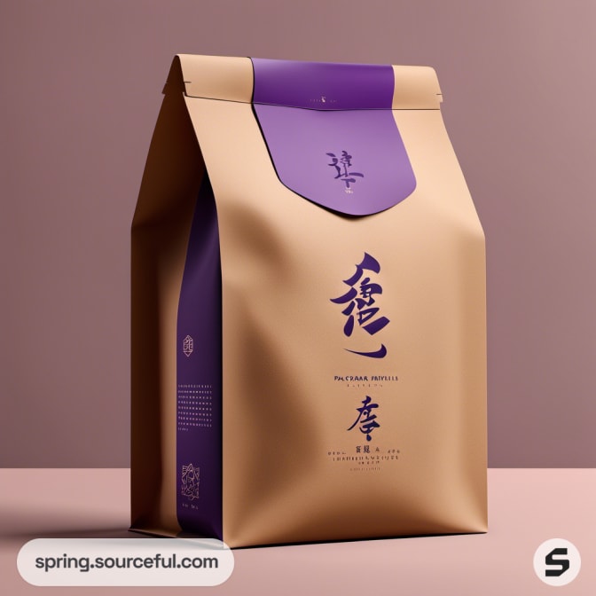 Large beige coffee bag with purple seal.