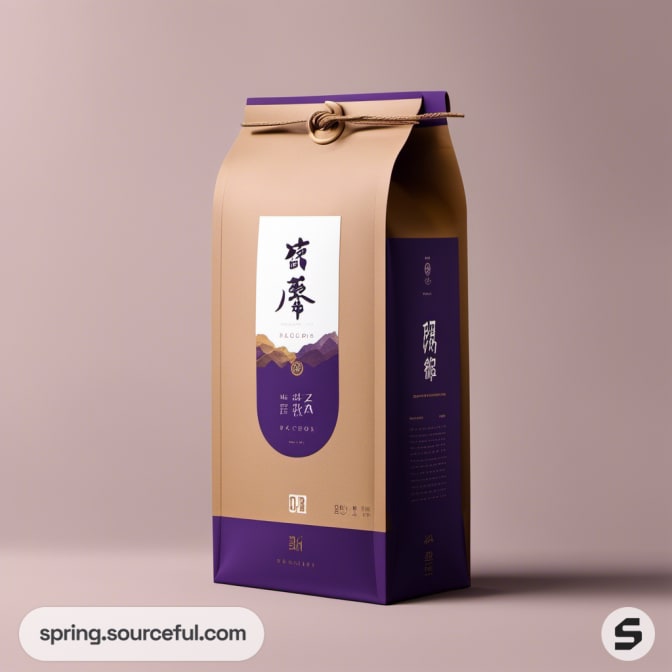 Beige and purple coffee bag with decorative label.