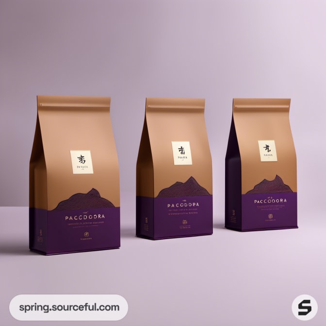 Three brown and purple coffee packaging bags.