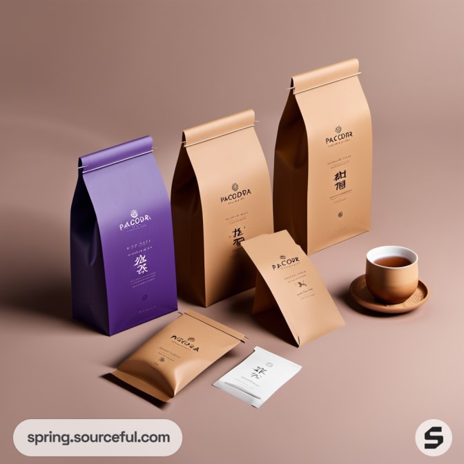 Assorted brown and purple coffee packaging with cup.