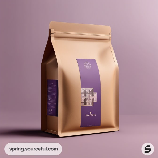 Large beige coffee bag with purple stripe.