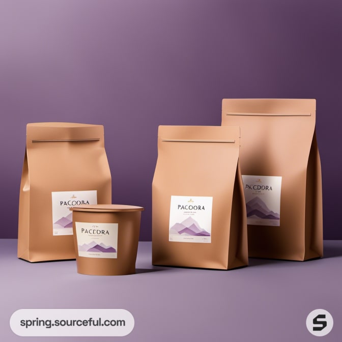 Set of brown coffee bags with purple labels and cup.