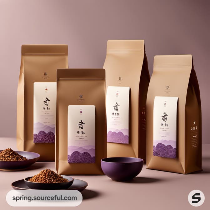 Four brown coffee bags with purple design elements.