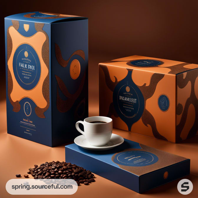 Elegant coffee packaging in blue and orange with cup and beans.