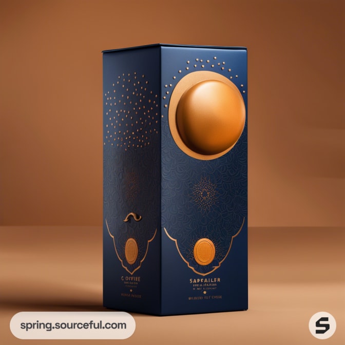 Tall blue box with gold accents for coffee packaging.