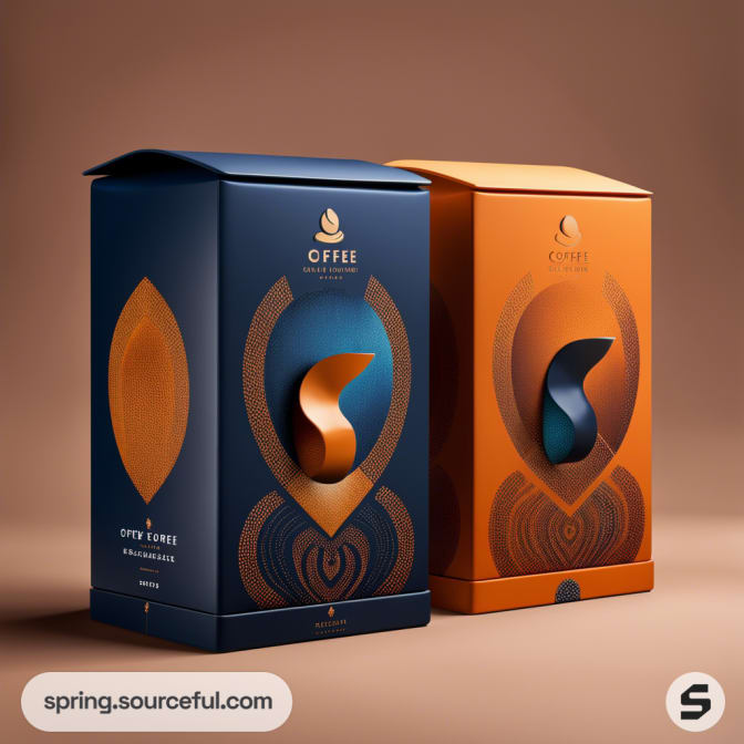Two coffee boxes in blue and orange with decorative patterns.
