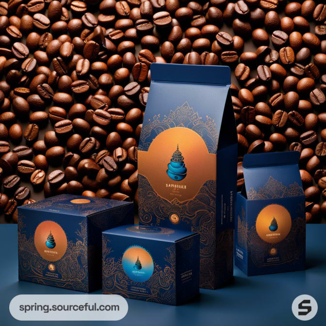 Multiple coffee bags and boxes with a coffee bean background.
