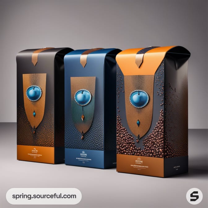 Three tall pouches in blue and orange with circular elements.