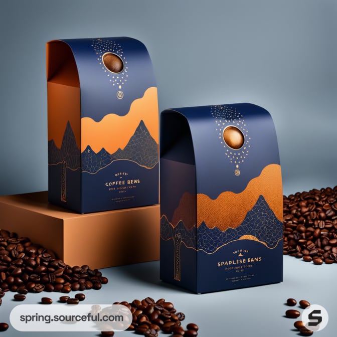 Stylish coffee bags with mountain designs in blue and orange.