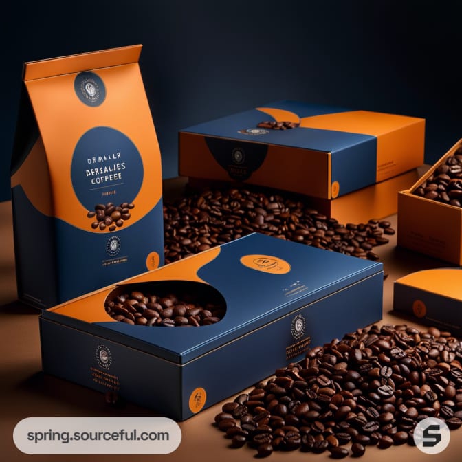 Flat boxes and bags with coffee beans in blue and orange.