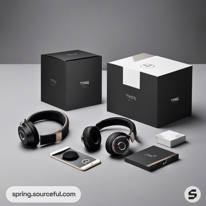 Black and white headphone packaging with headphones displayed outside boxes on a table.