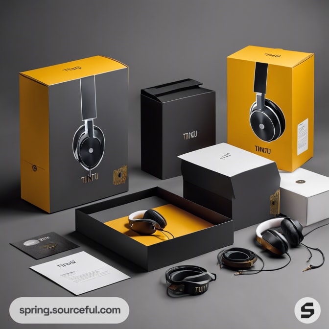 Yellow and black premium headphone box with open package revealing headphones inside.