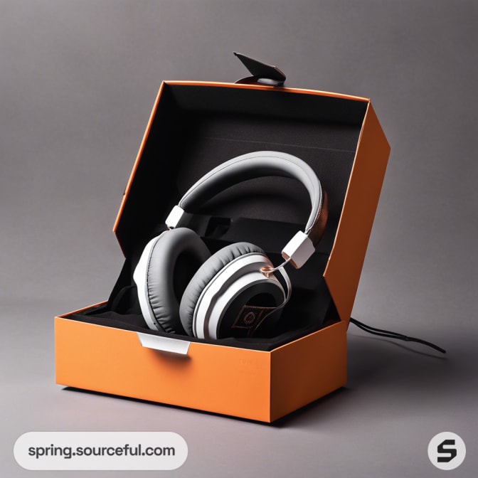 Orange box with cushioned interior and pair of headphones neatly placed inside.