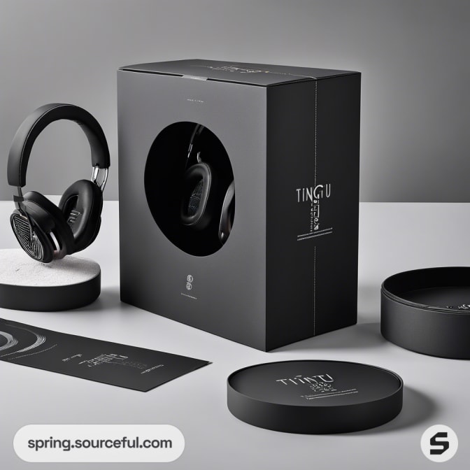 Sophisticated black headphone packaging with circular cutout and headphones displayed.