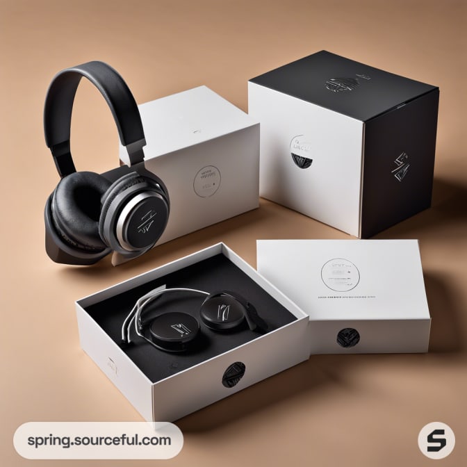 White headphone packaging with black bands, open boxes revealing headphones inside.