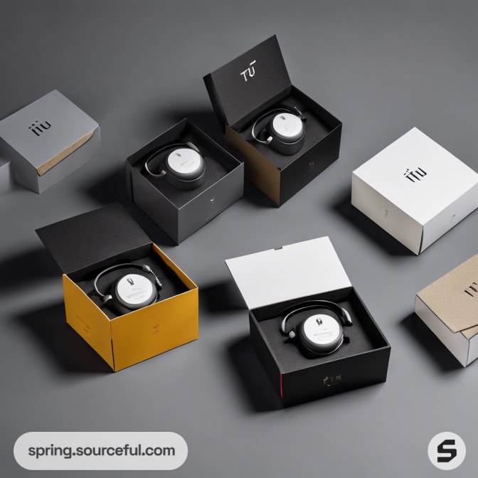 Assorted colored headphone packaging with open boxes, showcasing headphones inside.
