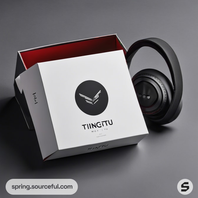 Stylish white box with black headphones partially pulled out from the packaging.