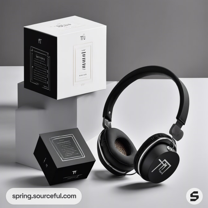 Black and white boxes with headphones displayed elegantly on a stand.
