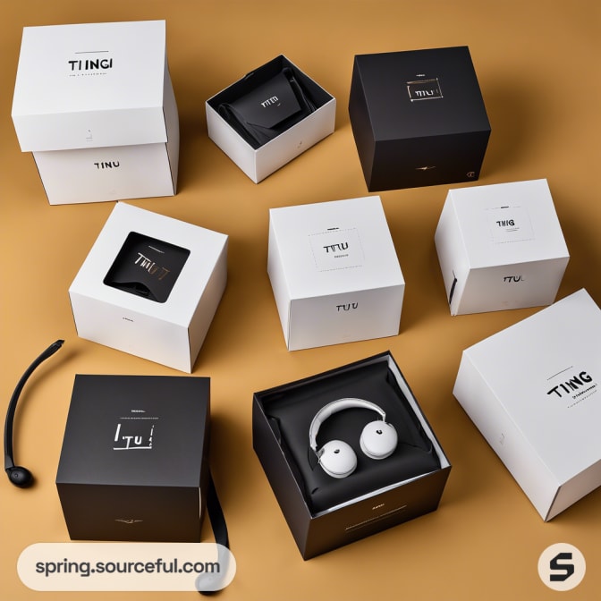 Array of black and white boxes with stacks of headphones placed outside.