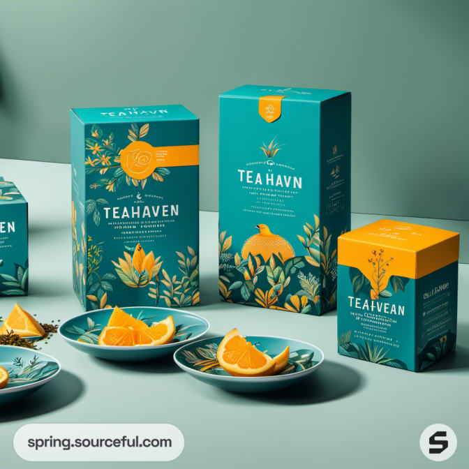 Teal and orange floral tea boxes and sliced oranges on plates