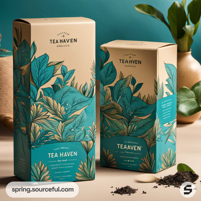 Beige and teal leaf design tea boxes with vases