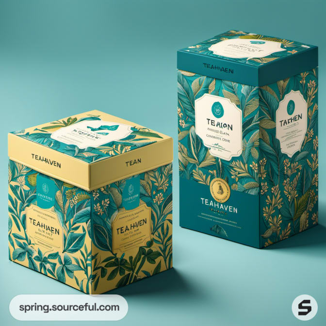 Teal and yellow floral patterned tea tins