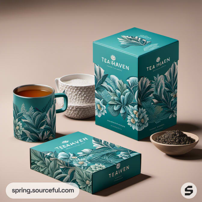 Teal floral tea box with mugs and loose tea