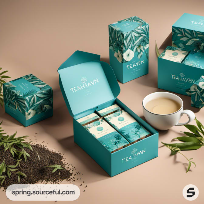 Open teal tea box with individual sachets and cup