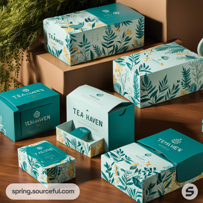 Assorted teal floral tea boxes on brown shelf
