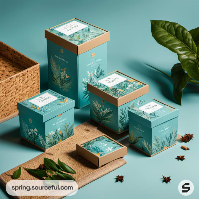 Teal and tan stackable tea boxes with foliage