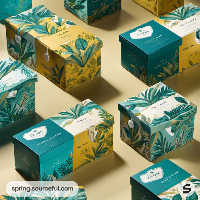 Floral patterned teal and yellow tea gift boxes