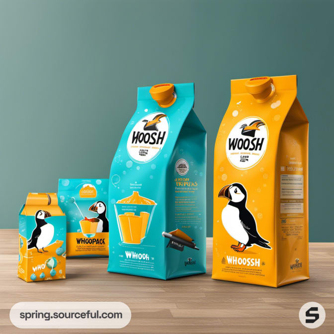 Colorful drink cartons with puffin illustrations; teal and orange theme.