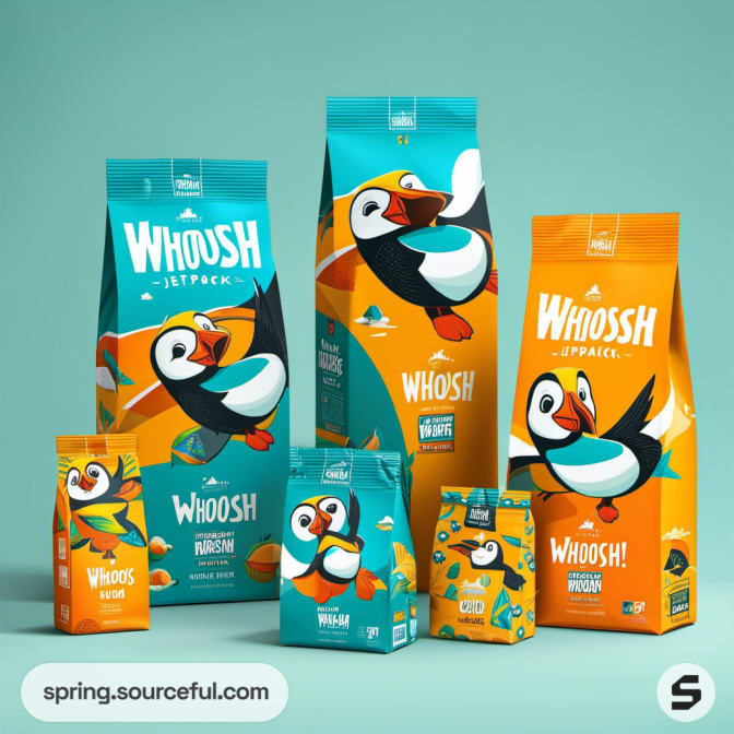 Assorted snack packages featuring puffins; vibrant orange and teal packaging.