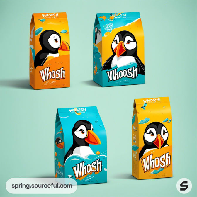 Variety of puffin-themed snack boxes in teal and orange hues.