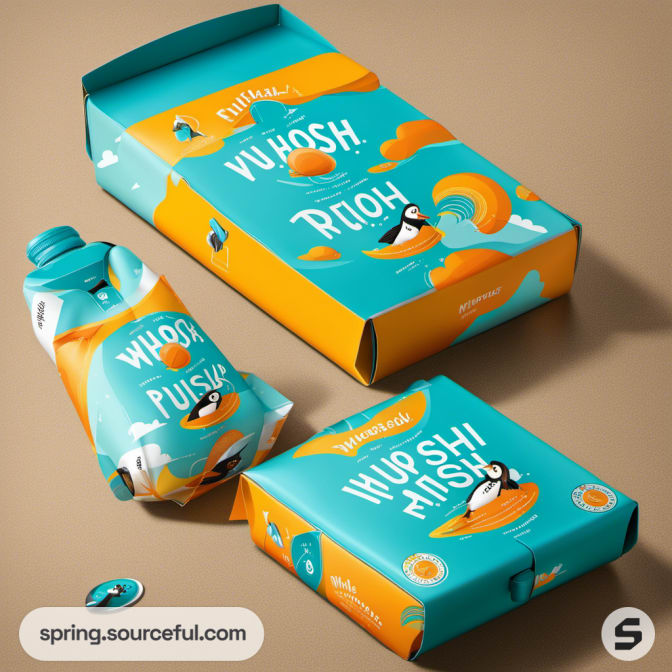 Carton and box packaging with puffins on teal and orange background.