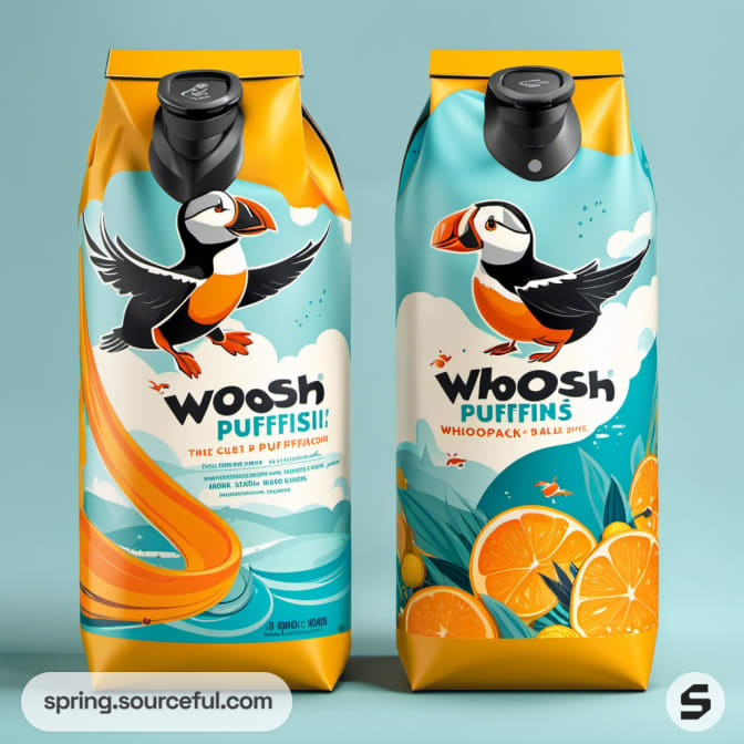 Beverage cartons with puffin illustrations and citrus designs.