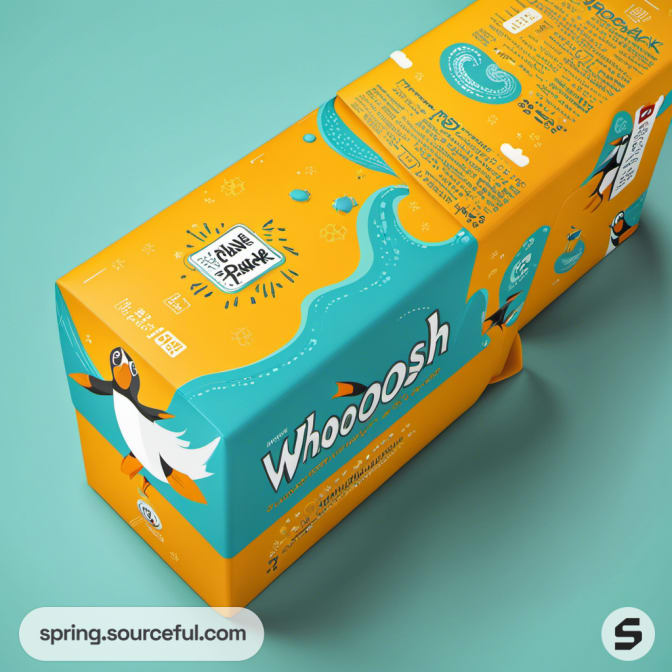 Orange and teal puffin-themed snack package with playful design.