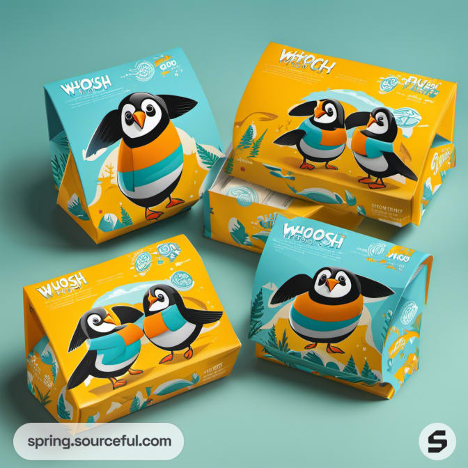 Teal and orange puffin-themed boxes with playful illustrations.