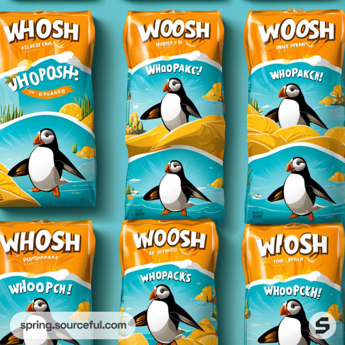 Crisp packages with puffin graphics on orange and teal backgrounds.