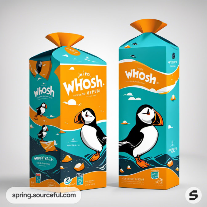 Tall drink cartons with puffin illustrations; teal and orange colors.