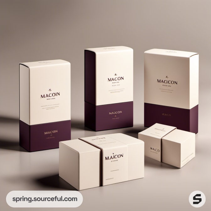 Collection of tall rectangular packaging in cream and purple.